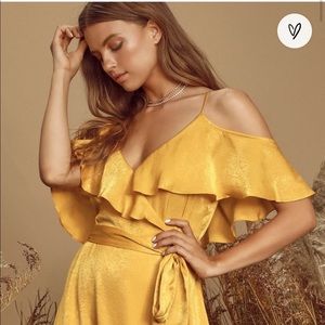 Lulu’s Moriah mustard yellow satin wrap dress